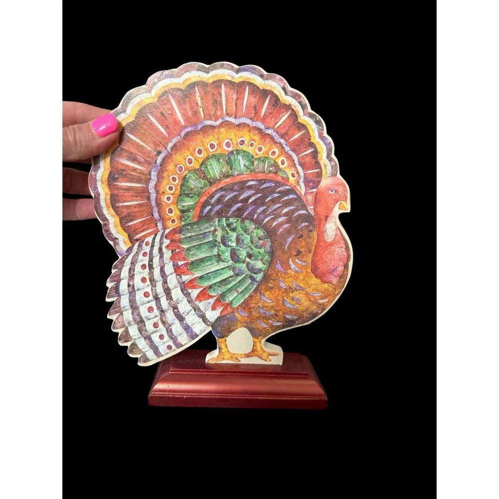 3 Vtg Hallmark Thanksgiving Pilgrims Turkey Die Cut Wooden Stand Decorations